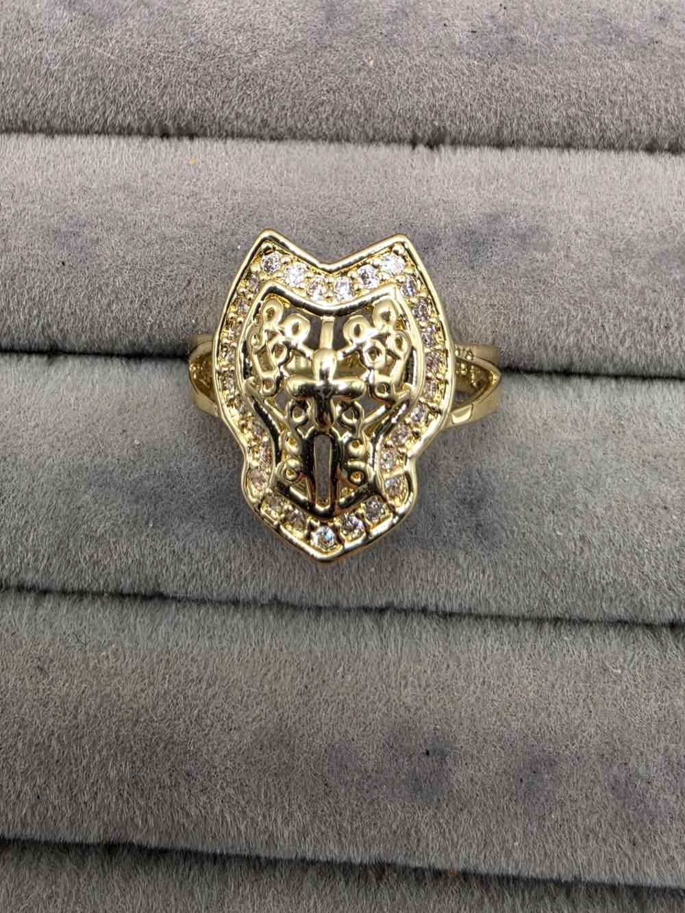 Gold Shield Filigree Ring Size 8 1/4 with Crystal Accents
